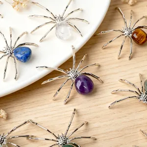 Natural crystal tumbled stone spider tabletop ornament Halloween decorative craft gift
