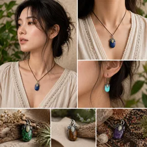 Natuurlijke kristallen edelsteen legering hanger ketting en oorbellen set voor dames.
