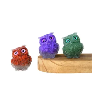 Natural crystal stone resin owl figurines set, creative home decor craft ornament display.
