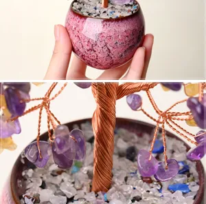 Crystal tree bonsai detail showing handmade wire branches and natural amethyst crystal chips.