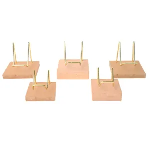 Wooden crystal display stand with gold metal bracket, perfect for mineral stone collection.