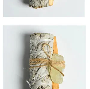 White sage and crystal set detail shot, smudge stick for space purification and yoga healing.