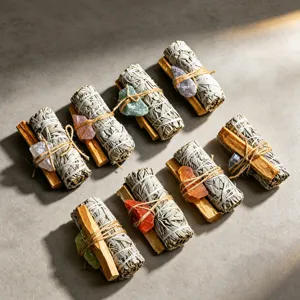 Natural White Sage And Palo Santo Smudging Kit With Crystal Stone Healing Meditation Energy Cleansing Home Decor Gift