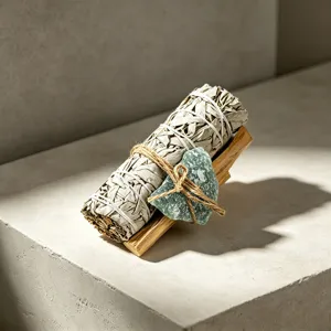 White sage smudge stick set with natural green crystal and wooden holder for home cleansing.