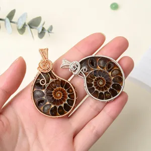 Natural Ammonite Fossil Shell Pendant Handmade Wire Wrapped Ocean Conch Slice Necklace Fashion Jewelry Gift
