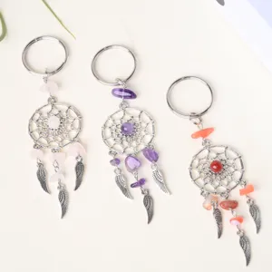 Natural Crystal Gravel Dream Catcher Keychain Tassel Feather Metal Alloy Bag Pendant Car Key Ring Jewelry Gift