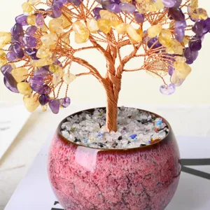 Natural amethyst and citrine crystal money tree bonsai with ceramic pot for home decor