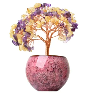 Natural citrine amethyst crystal money tree feng shui bonsai tree ornament for home decor