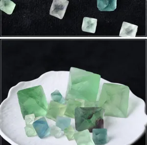 Vista dettagliata di cristalli di fluorite verde ottaedro, minerale grezzo per aromaterapia.