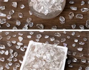 Clear natural quartz crystal chips detail showing transparent rough stones for home decor landscaping.