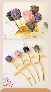 Close-up detail shot of crystal stone epoxy rose flower ornaments with golden metallic stems.