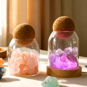 Natural Crystal Raw Stone Glass Cover Night Light Solid Wood Base Crystal Ore Atmosphere Table Decorative Lamp
