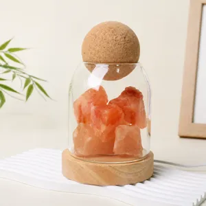 Natural crystal stone glass night light with wooden base and cork lid, ambient lamp.