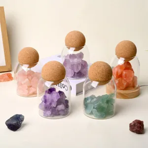 Natural crystal stone glass jar night light with cork lid, ambient decorative table lamp.
