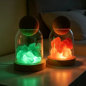 Crystal stone glass jar night light with wooden base and glowing mineral mood lamp.