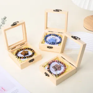 Natural crystal bracelet and star stone set in a wooden storage gift box with glass lid.