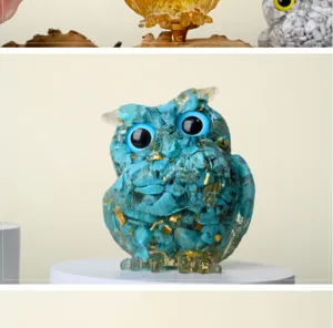 Closeup of crystal chips epoxy resin owl figurine, detailed blue stone craft, home decor.