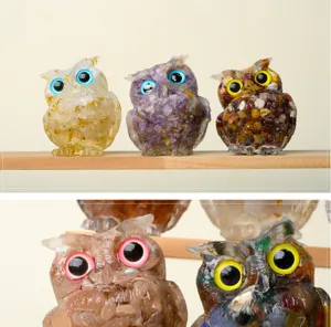 Natural crystal gravel owl resin craft ornament for home and car decoration display.
