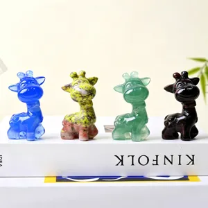 Natural crystal giraffe figurine cute gemstone animal carving set for cute desktop decor gift