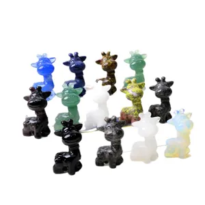 Natural crystal carved giraffe figurines multi gemstone cute animal desktop ornaments