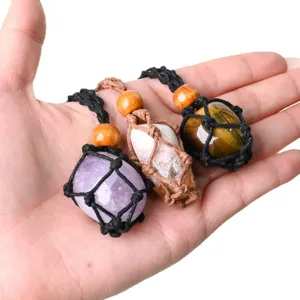 Pietra dura cristallo naturale ciondolo rete tessuta a mano collana regolabile gioiello