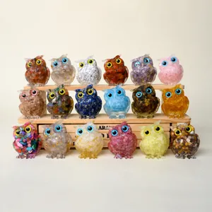 Natural Crystal Gravel Owl Figurine Epoxy Resin Animal Statue Ornament Home Car Tabletop Decor Modern Minimalist Gift