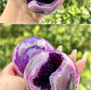 Natural purple moss agate crystal sphere polished geode gemstone home decor detail view