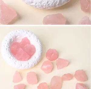 Natural raw rose quartz crystal stones detail shot, healing crystal decor pieces.