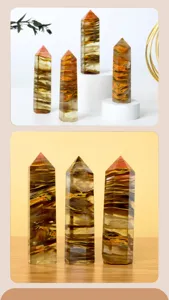 Detailed close-up view of hexagonal crystal pillar with tiger stripe pattern on display stand.