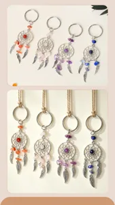 Pendentif porte-clés attrape-rêves en cristal naturel plume métal fait main détail