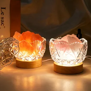 Natuurlijke Kristalsteen Aroma Diffuser Lamp USB Aangedreven Sfeerverlichting Glazen Kom Houten Basis Huisdecoratie Geschenkdoos