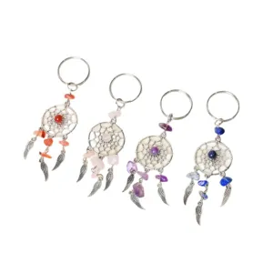 Porte-clés attrape-rêves en cristal naturel avec un pendentif plume métallique