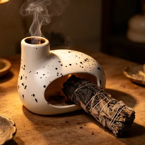 Ceramic smudge burner holder with sage stick for indoor aromatherapy and home relaxation.