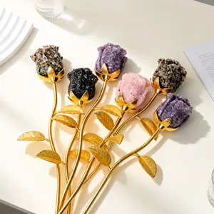 Natural Crystal Gravel Epoxy Rose Flower Ornament Handmade Metal Stem Home Decor Valentine Day Gift
