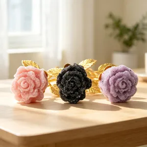 Natural crystal rose flower ornament with gold leaves, perfect home decor and Valentine gift.