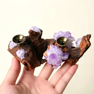 Base de Bola de Cristal de Madera Envejecida Natural con Drusa de Amatista Soporte de Esfera de Madera Irregular Decoración de Hogar