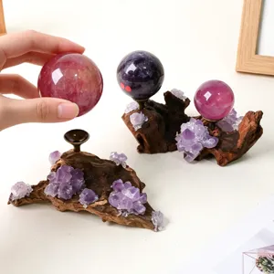 Base de bola de cristal de amatista de madera desgastada, soporte de bola de piedra natural, expositor.