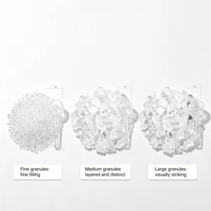 Natural clear white crystal gravel stones assortment in multiple sizes for aromatherapy and decor.