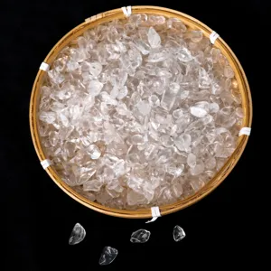 Natural white crystal chips in bamboo basket, clear quartz raw stones for demagnetization.