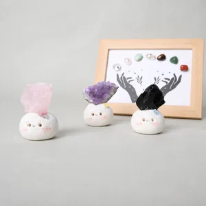 Natural Crystal Rough Stone Cartoon Figure Desktop Ornament Handmade Ceramic Healing Decor Office Wealth Gemstone Statuette Gift