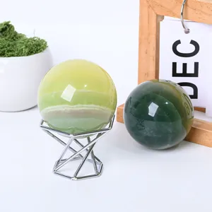 Natural green crystal sphere gemstone ornament with metal display stand for home decor