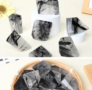 Cuarzo rutilado negro natural piedra de cristal pulida de forma libre detalle decorativo