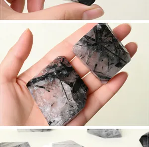 Piedra de cristal pulida de cuarzo rutilado negro natural para decoracion de oficina.
