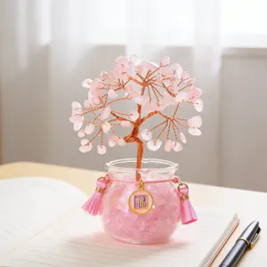 Rose Quartz Crystal Money Tree Healing Stone Bonsai Ornament for Home Office Desk Decor