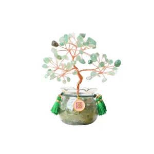 Natural green crystal money tree bonsai desktop ornament with lucky charm pendant for home office decor.