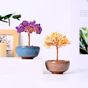 Crystal gemstone money tree detail view, handmade wire-wrapped amethyst and citrine bonsai tree.