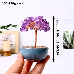Closeup of handmade purple amethyst crystal tree bonsai detail view showing size.