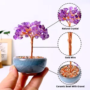 Natural crystal amethyst bonsai tree desktop decoration with ceramic pot and copper wire details.