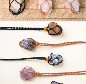 Handmade natural raw stone crystal pendant necklace with adjustable woven net rope cord.