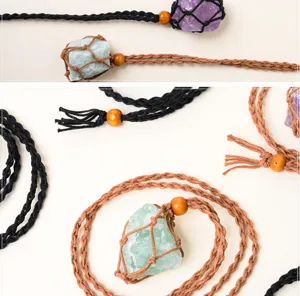 Natural crystal stone net bag braided necklace, handmade retro adjustable rope pendant.